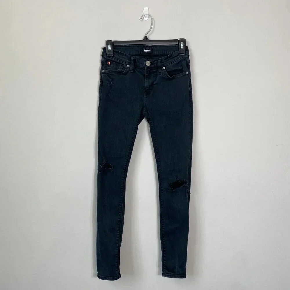 Hudson Womens 25 Krista Low-Rise Super Skinny Ankle Distressed Denim Jeans Black - Picture 2 of 16